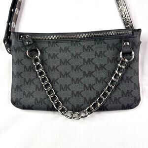 Michael Kors gray MK monogram‎ small crossbody with chain detail